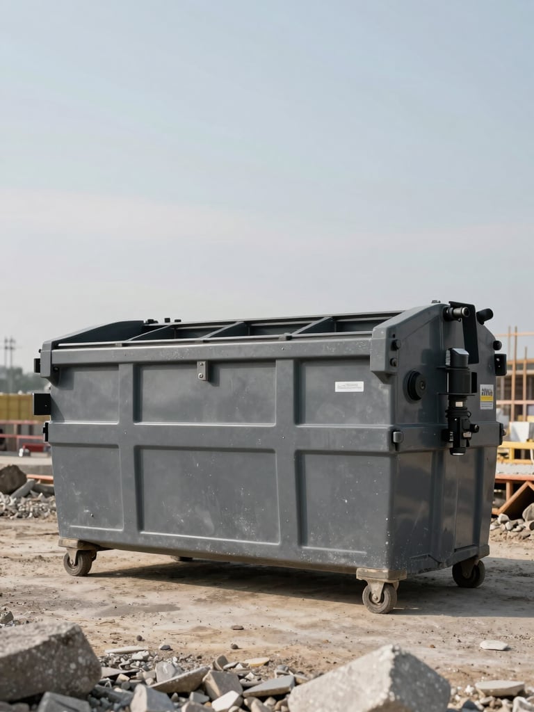 Environmental wide shot of an empty gray dumpster container positioned at the edge of a construction site, natural mid-morning daylight, concrete rubble visible in the foreground, clean graphite-toned equipment against a pale sky