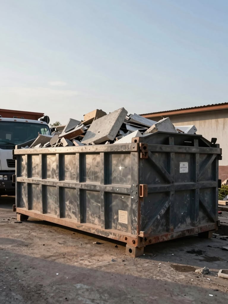 Wide environmental shot, mid-afternoon daylight, a large steel dumpster container loaded with construction rubble positioned at the edge of a building site in Argentina, concrete debris visible, truck partially in frame to the left, open sky above