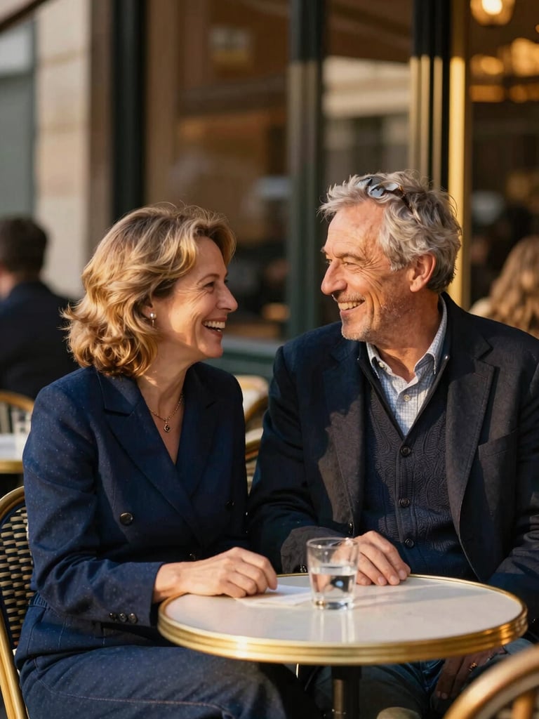 Warm golden-hour shot of a mature French couple laughing together at an outdoor Parisian cafe table, shallow depth of field, authentic connection