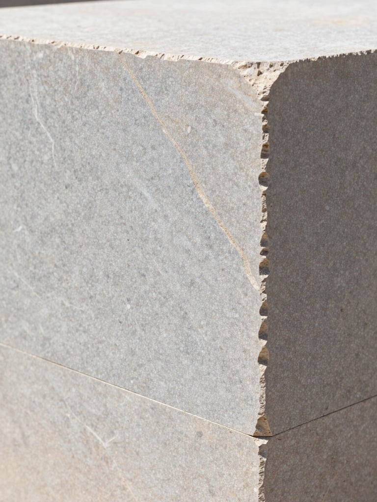 Extreme close-up of premium raw limestone block, sharp structural lines, crisp Mediterranean daylight, architectural photography