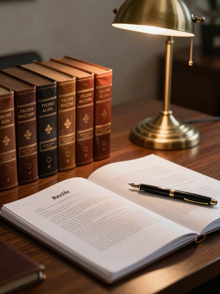 Close-up environmental shot of a partner's desk in a Recife office, leather-bound legal volumes stacked beside a brass desk lamp casting warm tungsten light on open contract pages, a fountain pen resting on the document, deep shadows framing the scene, no people visible