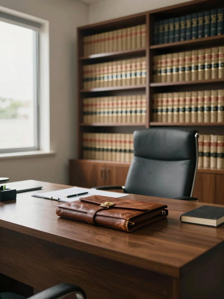 Wide interior of a quiet partner's office in Recife, natural north-facing daylight entering from left, a minimal desk with a closed leather-bound brief and a single pen, bookshelves of law volumes in the background, no people visible, calm and authoritative atmosphere