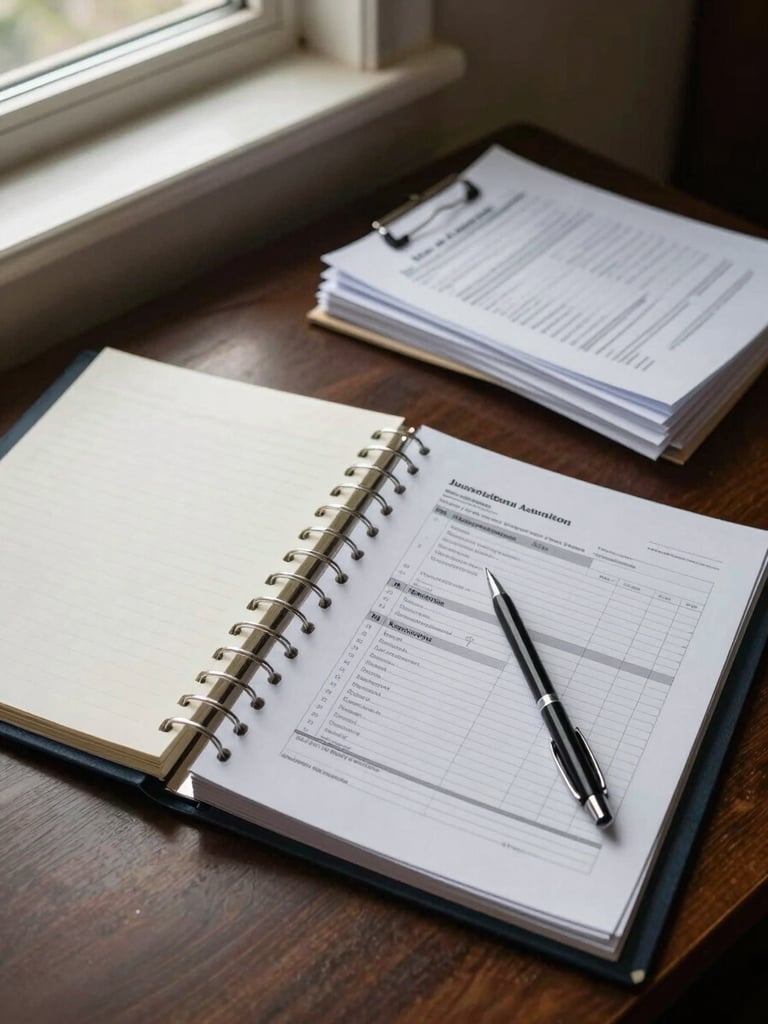 Wide overhead flat-lay of a legal desk workspace: open binder with tabbed filings, a printed jurisdictional filing checklist, mechanical pencil, north-facing window light casting clean even illumination across ivory paper