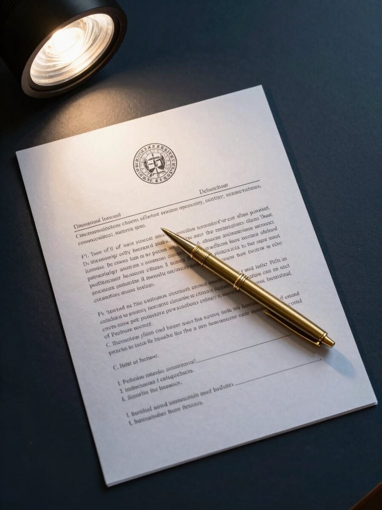 Overhead flat-lay of official legal documents on a dark navy desk surface, a brass pen resting across a stamped filing sheet, single north-facing studio light, no people visible, extreme detail on embossed seal and handwritten margin notes
