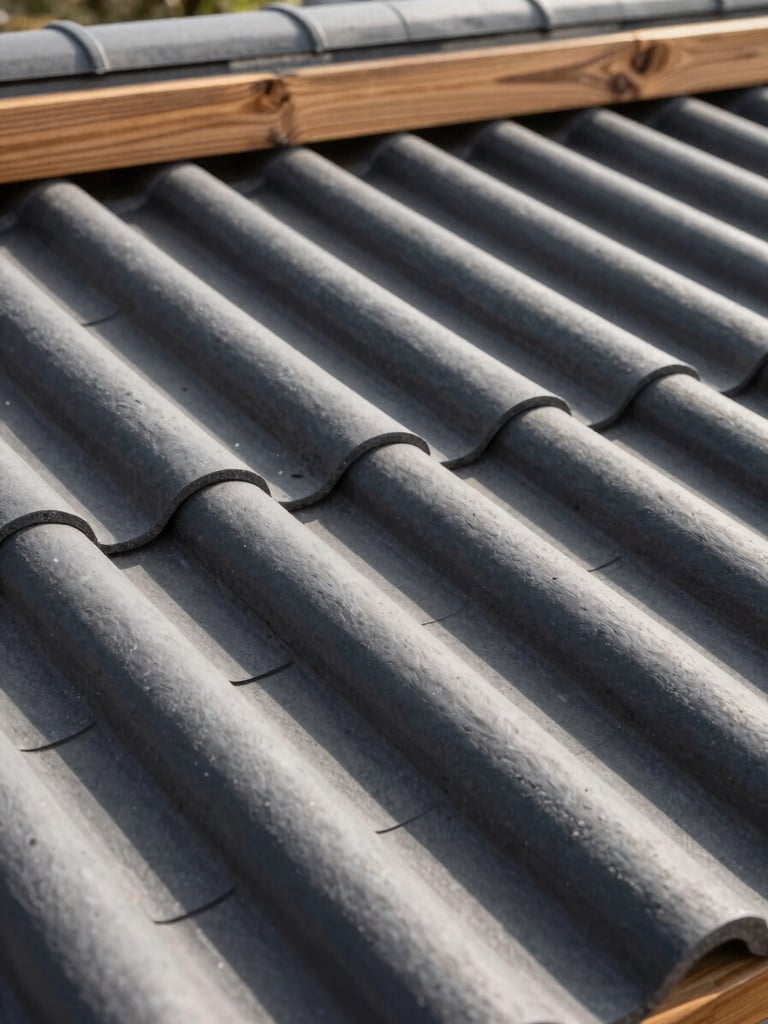 Close-up of interlocking dark grey clay roof tiles, sharp textures under warm afternoon sunlight, architectural precision, 35mm lens