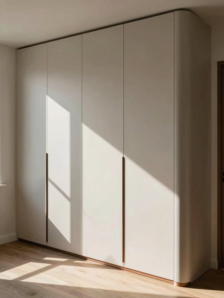 Floor-to-ceiling custom wardrobe with curved matte facade panels photographed in a wide portrait elevation, natural north-facing daylight raking across the surface to reveal material depth, walnut veneer edge banding visible at close range, room architecture framing the piece on both sides