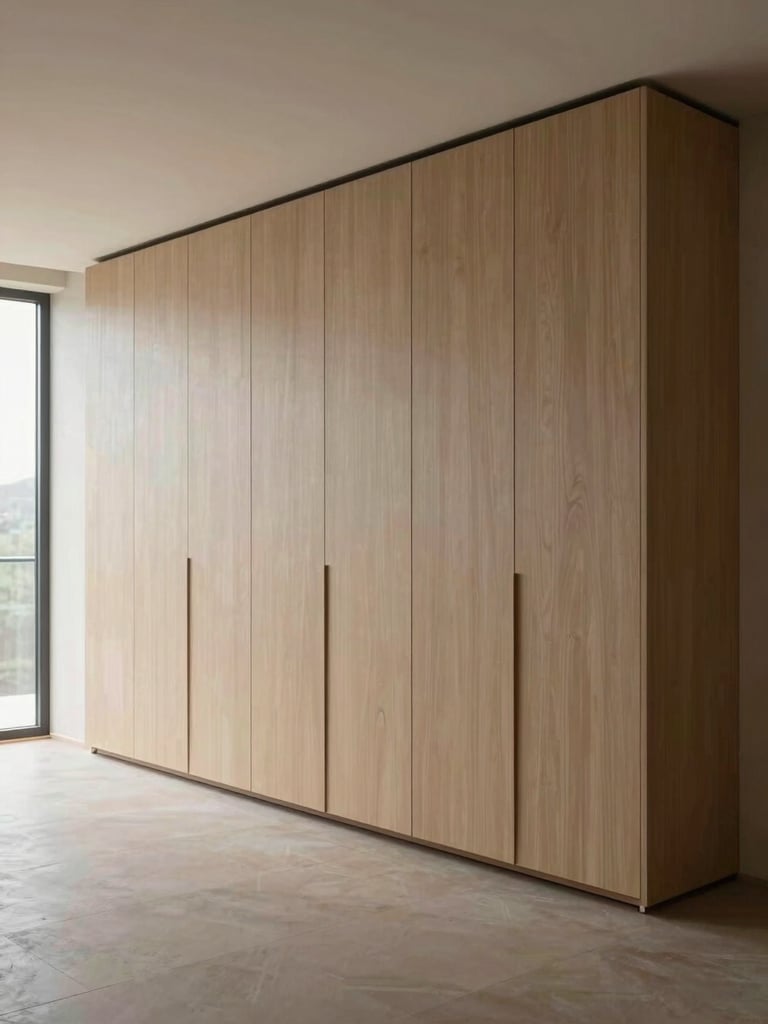 Wide elevation shot of a curved cabinet facade showing the continuous radius from floor to ceiling, natural daylight from a nearby window revealing the precise material transition at the edge, the surrounding room architecture visible to show spatial context