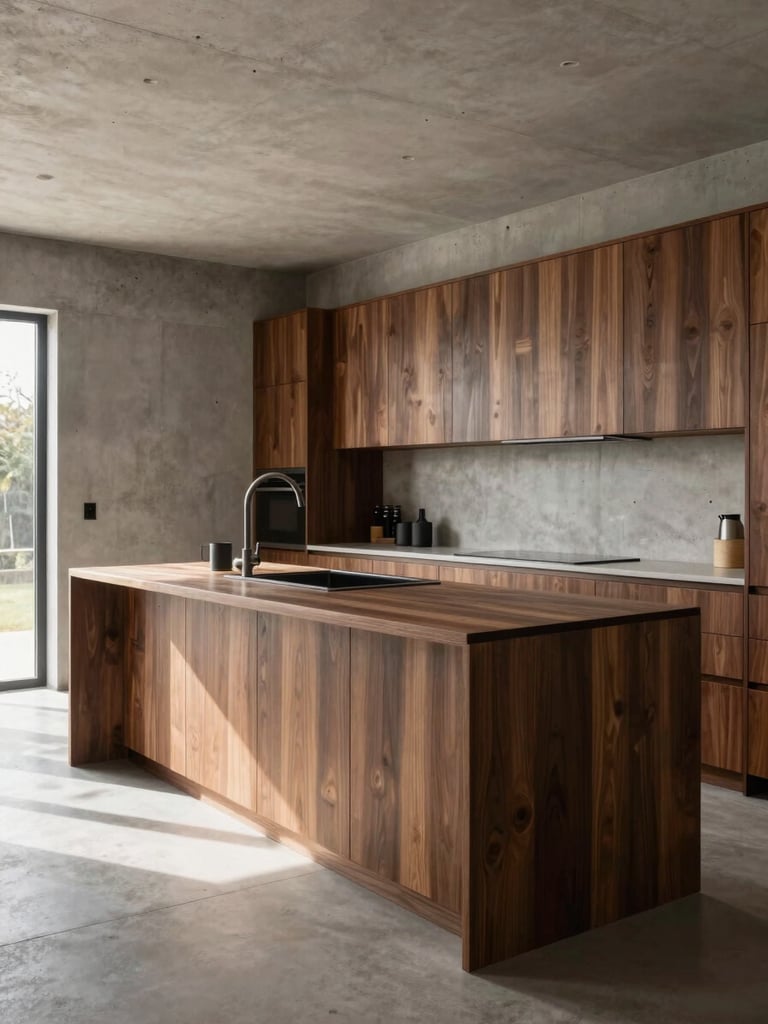 Wide environmental shot, natural north-facing daylight, a full bespoke kitchen interior — dark walnut cabinetry with flush handleless doors runs the full length of a concrete-walled room, an island anchors the centre, grain direction visible across every panel surface, camera positioned at low elevation from the left corner to reveal the room's depth and architectural resolution