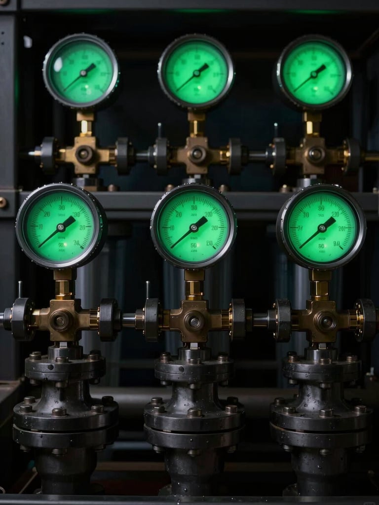 Close-up of industrial water filtration valves and pressure gauges with glowing green indicators, high-contrast dark technical photography, 35mm lens