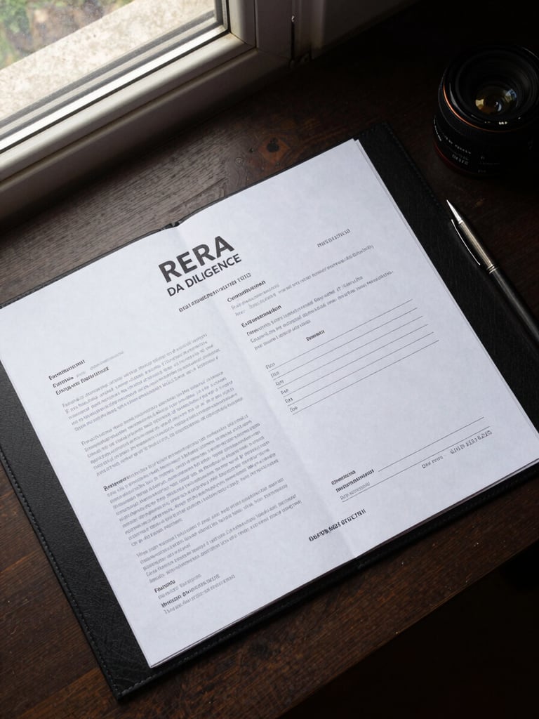 Flat-lay overhead of a property due-diligence folder open on a desk, printed RERA certificate and encumbrance document visible, natural north-facing window light, no dramatic shadows, pen resting to the side