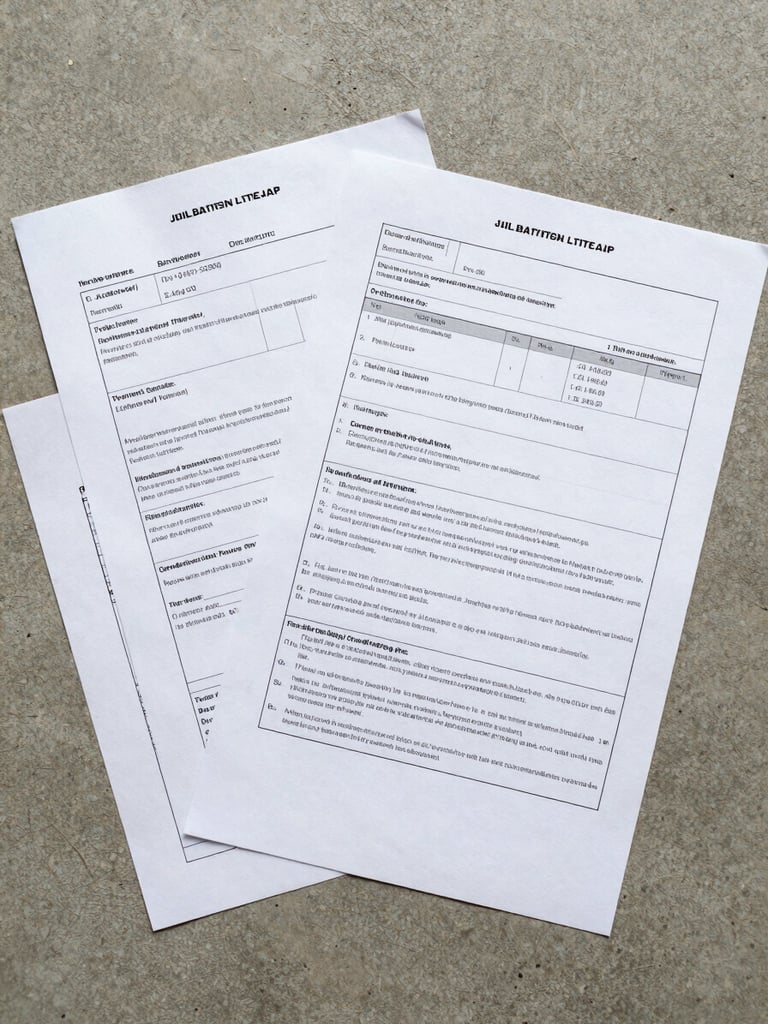 Flat-lay overhead of property documents — legal title deeds, soil report pages, and a printed yield analysis spreadsheet on a warm gray concrete surface, overcast north-facing daylight, no shadows, papers slightly overlapping