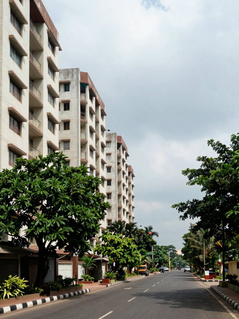 Wide environmental shot of a mid-rise residential street in Chennai — overcast north-facing daylight, human eye-level framing, apartment buildings visible on left third with mature trees and a quiet road receding to the right, no staging or people posed