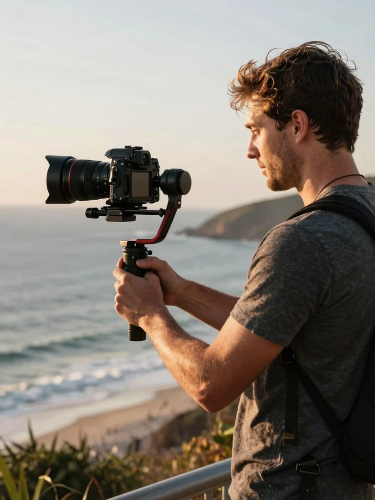 Behind-the-scenes shot of a professional male travel videographer adjusting a camera on a gimbal, golden hour natural light, sweeping coastline in the background.