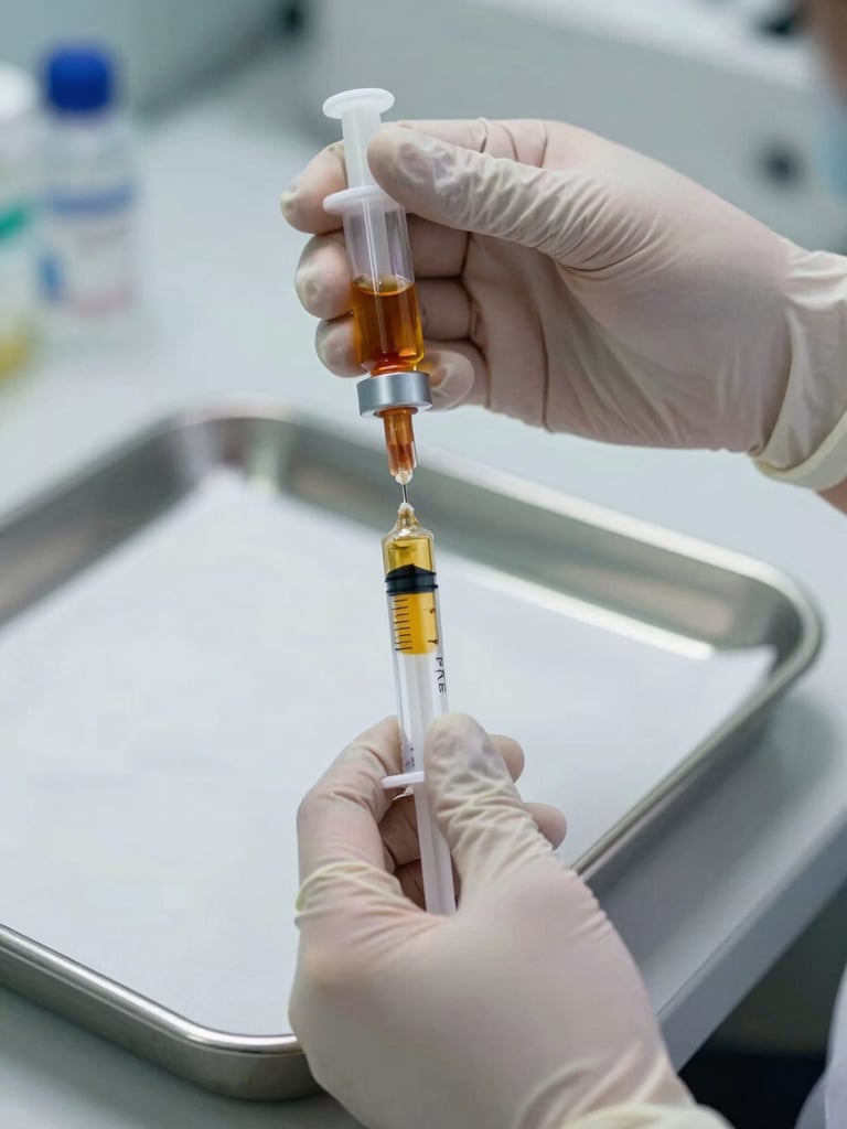 Close-up of a physician's gloved hands drawing amber PRP from a centrifuge tube into a syringe, sterile clinical tray in background, cool white LED lighting, sharp focus on the syringe tip