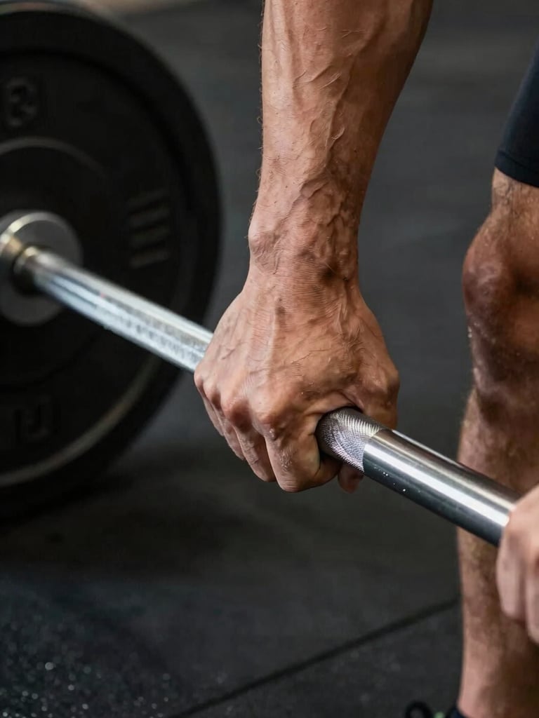 Extreme close-up from the right side: two hands gripping a barbell knurling mid-deadlift, knuckles taut, chalk dust visible against a dark rubber gym floor, controlled studio lighting with crisp shadow on the hands emphasizing grip tension and form detail