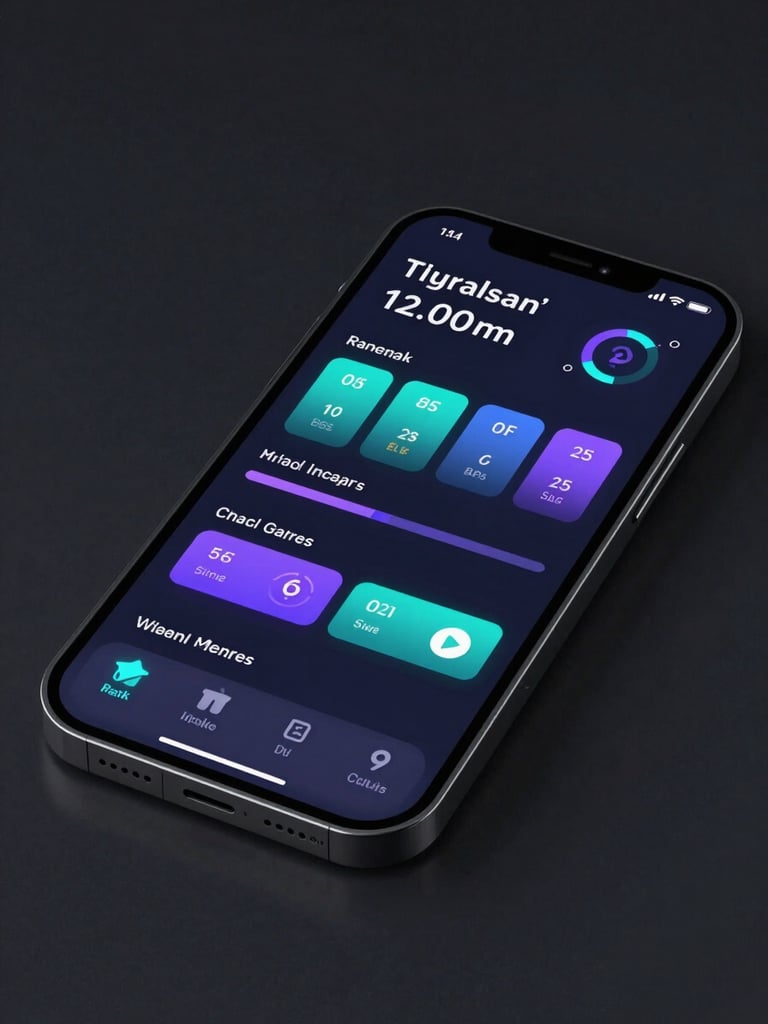 A portrait crop of a high-fidelity mobile UI mockup showing real-time conversion analytics, glowing cyan and violet interface elements reflecting on a dark screen, studio lighting.