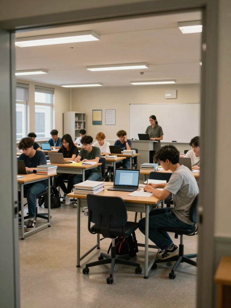 Wide environmental shot of a student residence study room in active use — rows of students at desks under warm fluorescent and daylight, books and laptops open, a staff member visible in the background near a whiteboard, shot from the doorway to show the full room depth and scale of the operation