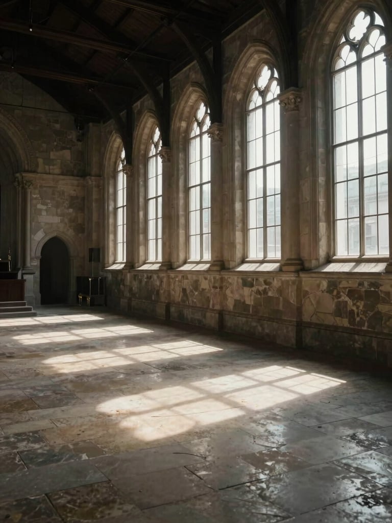 Wide interior of an empty historic church nave, afternoon light streaming through tall arched windows on the right wall, casting long pale columns of light across worn stone floor, no people, contemplative stillness, overcast daylight softened by aged glass