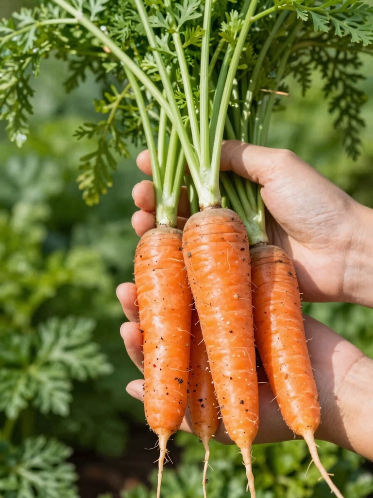 Close-up of hands holding freshly harvested organic heirloom carrots with green tops, soil visible, bright morning daylight, 50mm lens