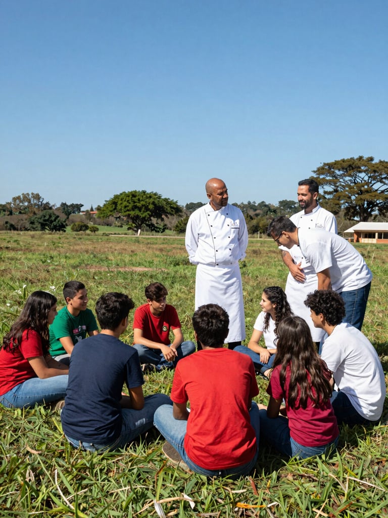 Chefes voluntários do ar instruindo jovens sobre aerodinâmica em um campo gramado ao ar livre, dia ensolarado, cores ricas e autênticas.