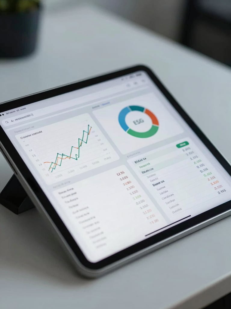 Close-up of a digital tablet showing financial data and ESG metrics, clean office background with cool-toned lighting