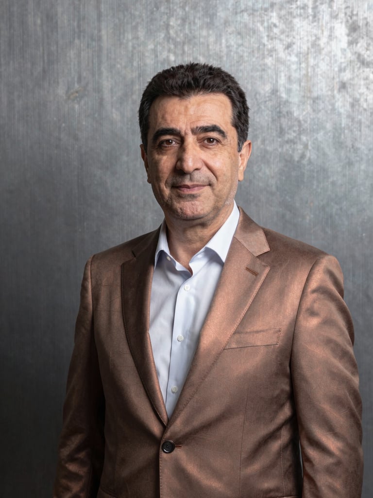 Dignified executive portrait of Süleyman Eynulla, General Director of AZİS GROUP, warm-toned professional studio lighting, steel gray background, sharp focus, 35mm lens