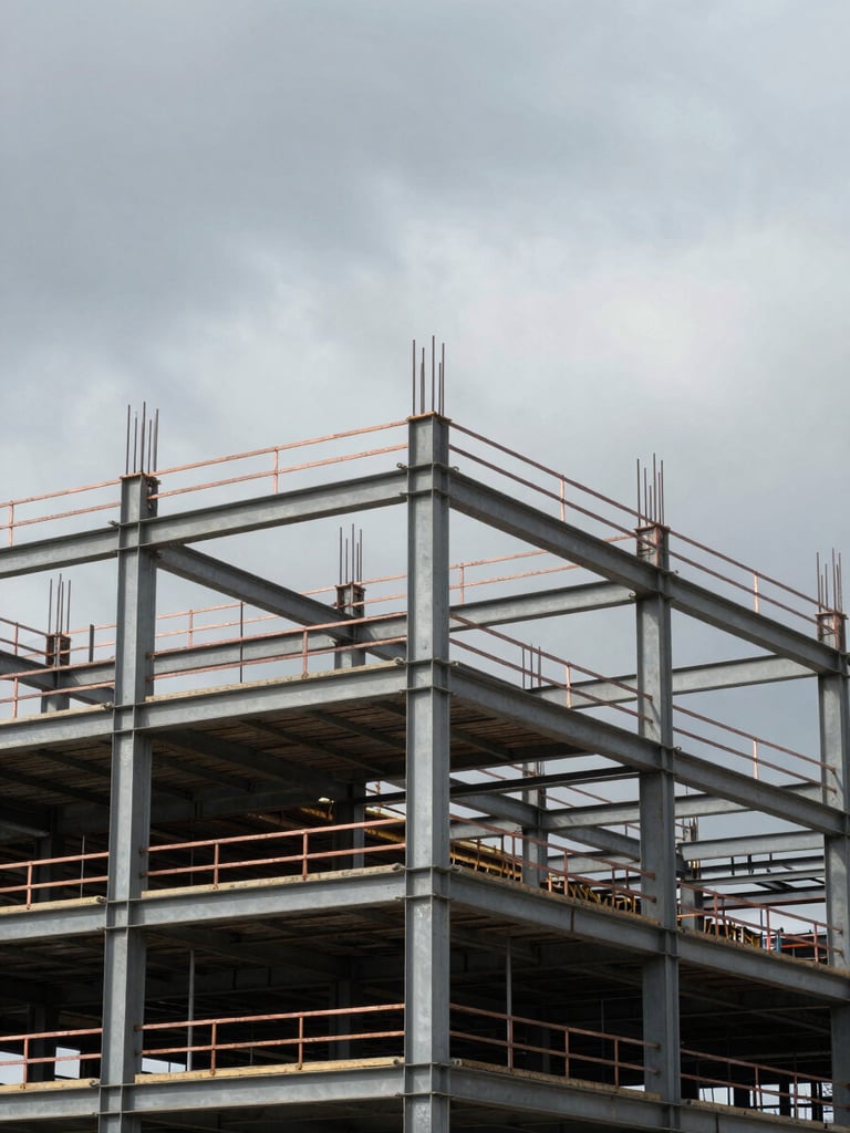Portrait orientation industrial editorial photography of a structural steel skeleton of a building under construction, dramatic overcast daylight, steel gray and copper tones, sharp focus, 35mm lens.