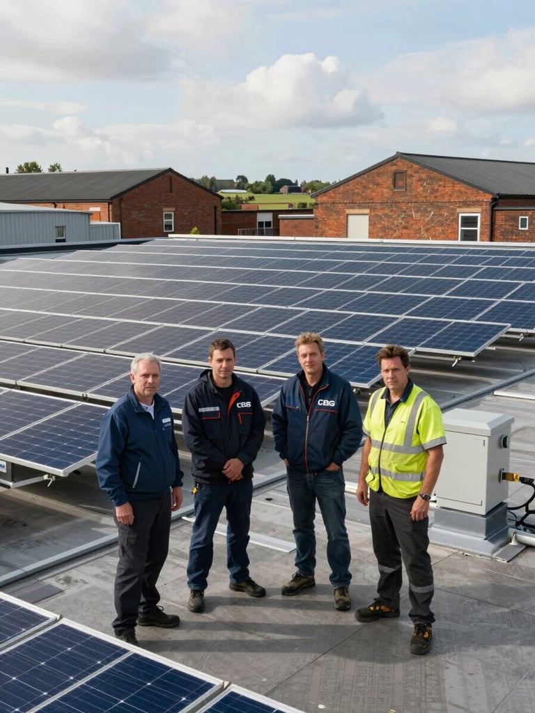 Panoramic wide shot, natural UK daylight — CBG Solar installation crew of four standing together on a flat commercial rooftop, solar array stretching behind them, honest workwear, brick industrial buildings visible in the distance, genuine candid atmosphere, no posing