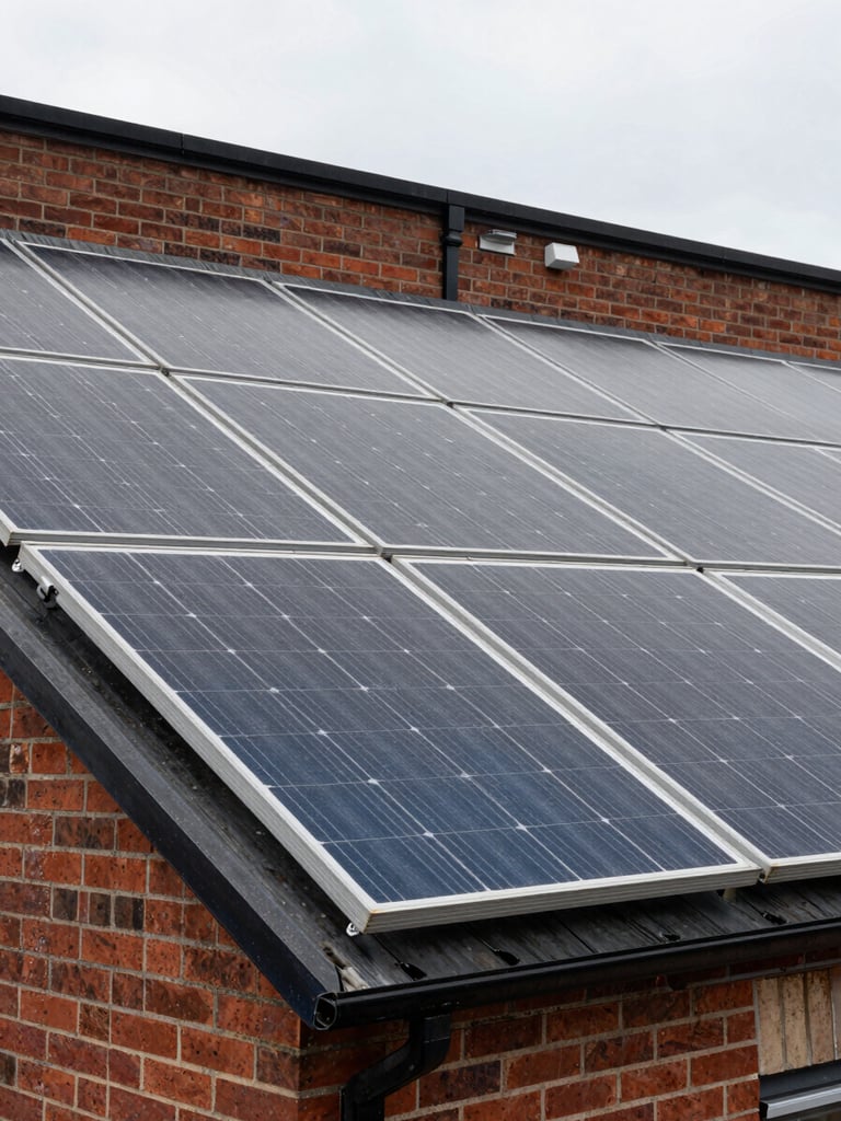 Close-up environmental shot of solar panels installed on a brick-faced UK commercial building, overcast sky above, guttering and flat roof edge visible, natural daylight, no people