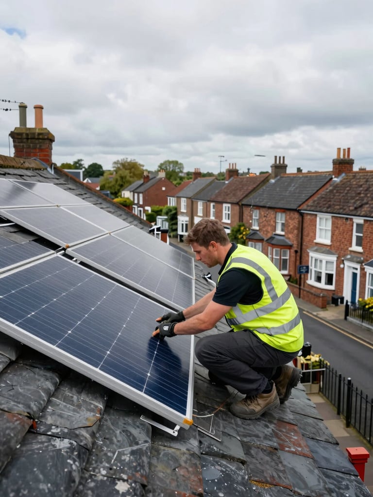 Wide environmental shot, natural daylight on an overcast UK afternoon — a CBG Solar installer in a high-vis vest crouching on a slate-tiled terraced rooftop, solar panels newly mounted behind him, residential street of brick Victorian houses visible below, honest working atmosphere