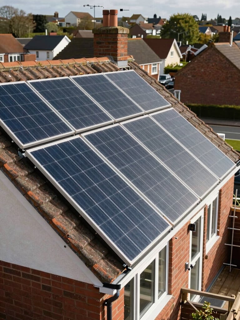 Close environmental shot of a British semi-detached home exterior, a full array of solar panels installed across a south-facing tiled roof, natural overcast UK daylight, scaffolding removed, clean guttering visible, suburban street context in soft background blur