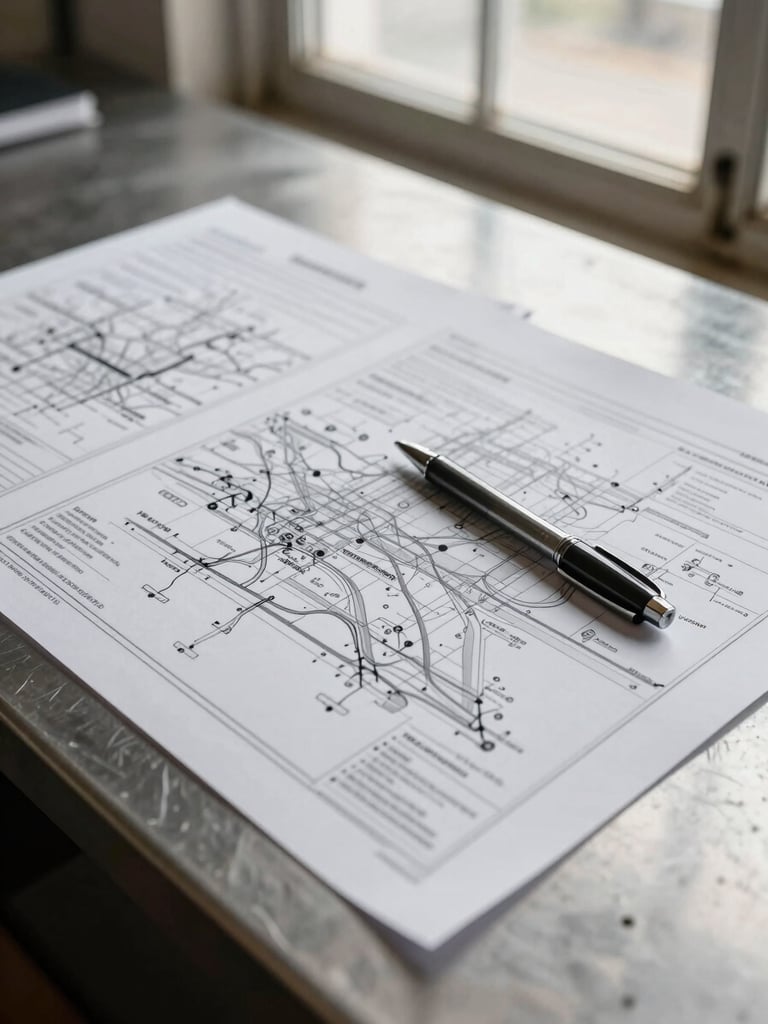 Close-up overhead flat-lay of printed process maps and procedure documents spread on a steel worktable, a ballpoint pen resting diagonally across the pages, natural daylight from a factory window, grayscale tones with warm paper texture