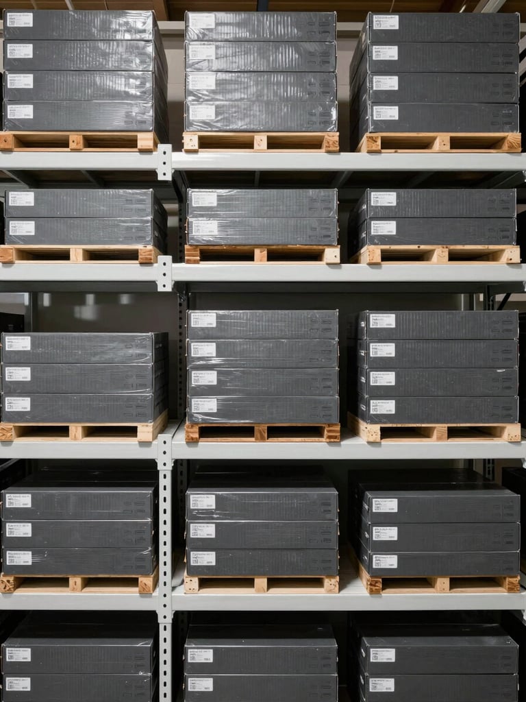 Close overhead shot of organized warehouse shelving, multiple rows of uniformly stacked boxed hardware units in charcoal and gray packaging, even bright ambient lighting, no shadows, clinical and orderly composition showing inventory depth and scale