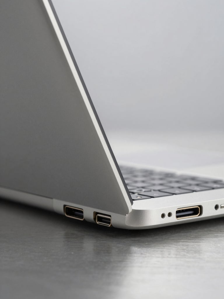 Close-up studio shot of laptop ports and hinge detail from a low side angle on a neutral steel-gray surface, even bright ambient lighting showing USB-C, HDMI, and build tolerances at scale