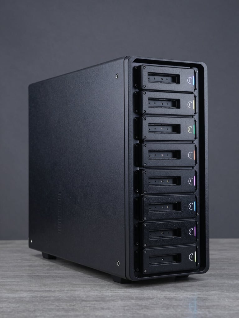 Right-side bleed close-up of a full-tower workstation PC on a clean steel-gray surface, shot from a three-quarter front angle under even shadowless studio lighting, showing drive bays and panel detail, neutral charcoal background, no RGB lighting