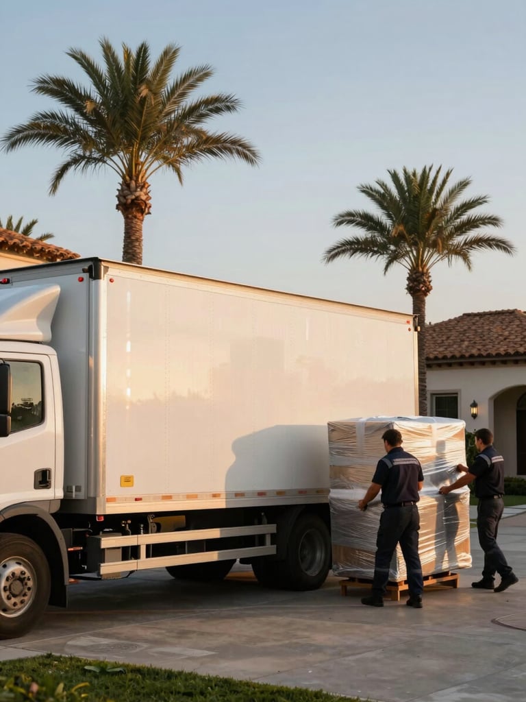Wide shot from the left side, a large white moving truck backed into a villa driveway at golden hour, two uniformed movers unloading wrapped furniture, warm sunlight raking across the truck side and palm trees in the background, documentary framing