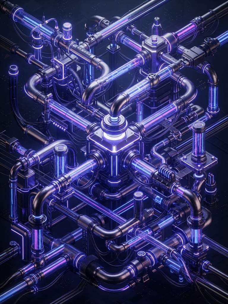 Isometric 3D render of a glowing cobalt data pipeline structure with metallic textures and sharp neon edge lights against a dark background