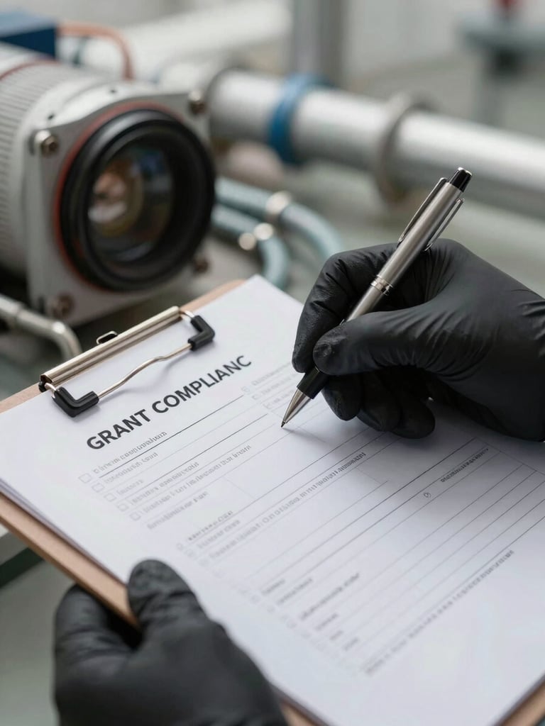 Close-up of a grant compliance checklist on a clipboard, a gloved hand holding a pen at the top of the form, open cable trunking and pipework visible in the blurred background, overcast studio lighting