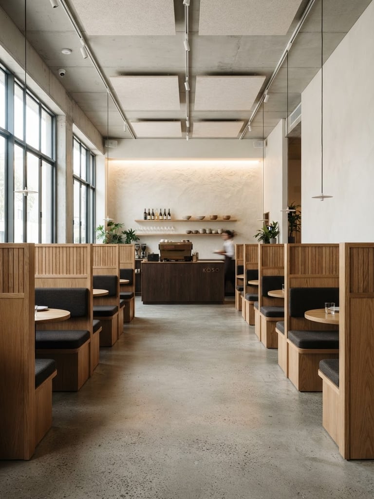 Straight-on architectural shot of a modern restaurant interior, clean concrete floors, minimalist timber booths, sharp lighting, 35mm lens.