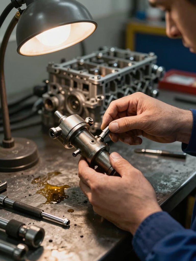 Close-up of a mechanic's hands inspecting a diesel fuel injector on a workbench, engine block visible in the background, tungsten shop light casting warm shadows across the metal surfaces, oil residue and precision tools in context