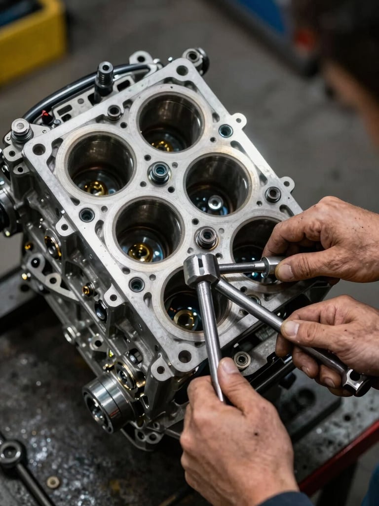 Close-up overhead shot of a diesel engine block mid-disassembly, a mechanic's oil-stained hands positioning a torque wrench on a cylinder head bolt, tungsten shop light catching the metal surfaces, dark workshop floor visible at edges
