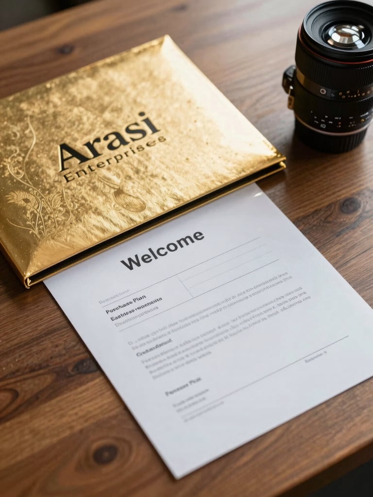 A close-up of a premium gold-embossed Arasi Enterprises welcome kit and transparent purchase plan agreement on a polished wooden table