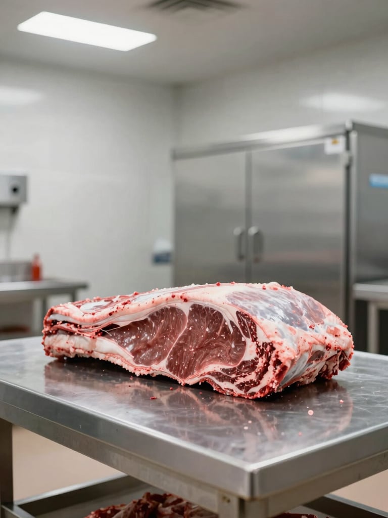 Wide-angle view from inside a professional meat processing facility: a stainless steel cutting table in the foreground with a precisely trimmed beef primal cut resting flat, under consistent overhead studio lighting with no warm cast. The background shows clean tiled walls and refrigerated storage doors slightly out of focus. No staff visible. Cold, clinical clarity.