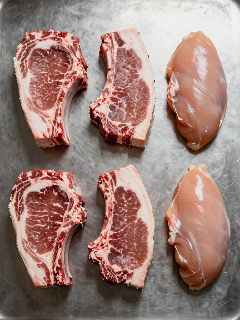 Wide overhead shot of three precisely trimmed raw meat cuts arranged on a clean stainless steel surface — beef ribeye, pork loin, and chicken breast — each separated by equal spacing, photographed under consistent north-facing studio light with no warm cast, showing clear muscle grain and marbling detail, tight crop with no props or garnish
