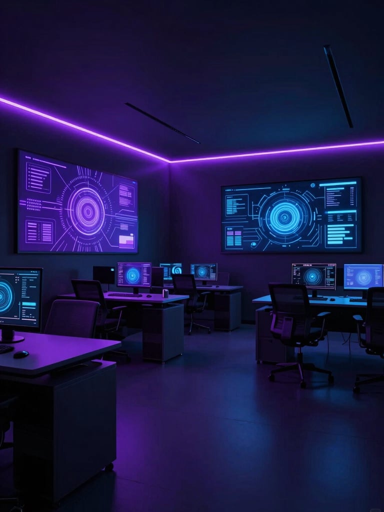 Wide shot of a sleek, dark-mode modern tech office interior with neon violet and electric blue lighting, featuring abstract data visualizations on large screens, 35mm.