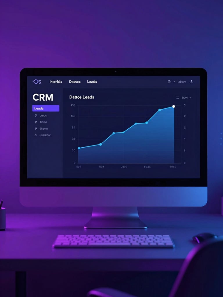Interfaz de software de CRM con datos de leads y un gráfico de reducción de tiempo, en un entorno de oficina moderno con iluminación azul y violeta.