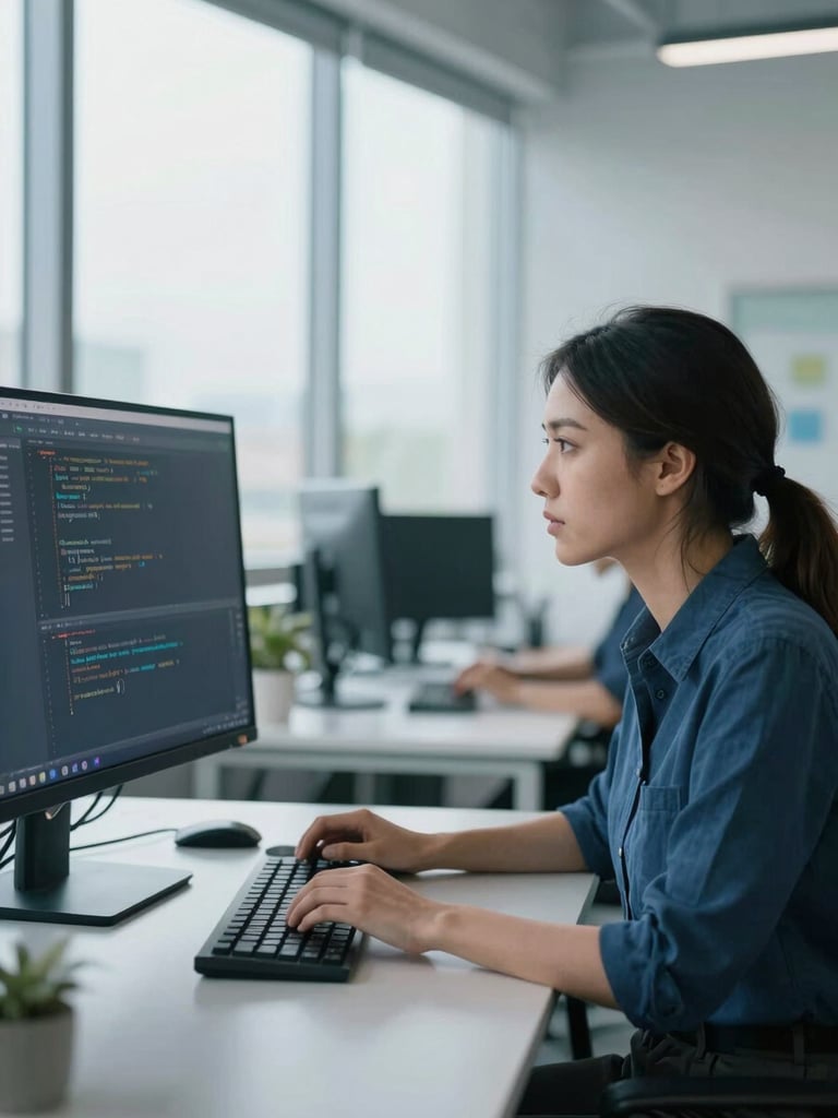 A focused female engineer coding on a large monitor in a modern, well-lit office, natural daylight streaming in, cool blue hues, shallow depth of field.