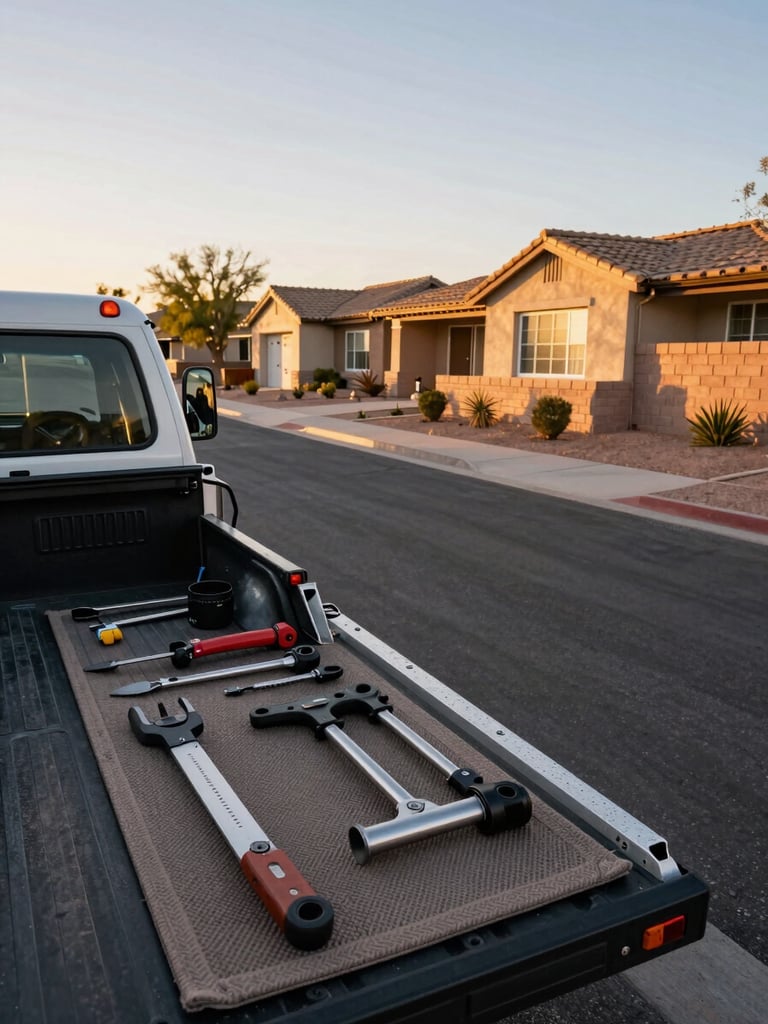Wide environmental shot of a Mesa residential street at golden hour, an organized service truck bed visible in the foreground left, tools laid out deliberately on a textured mat, desert landscaping and block wall of an East Valley home stretching into the background right