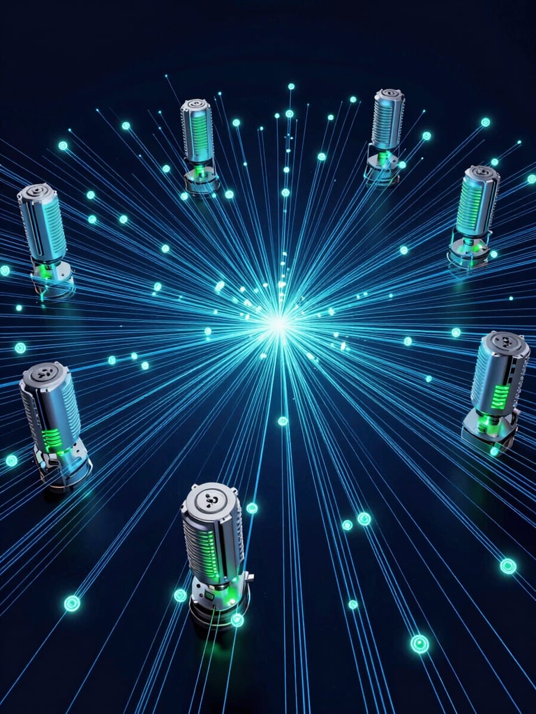 futuristic 3D render of glowing data streams connecting industrial sensors, deep navy background, electric blue and emerald accents, wide aspect