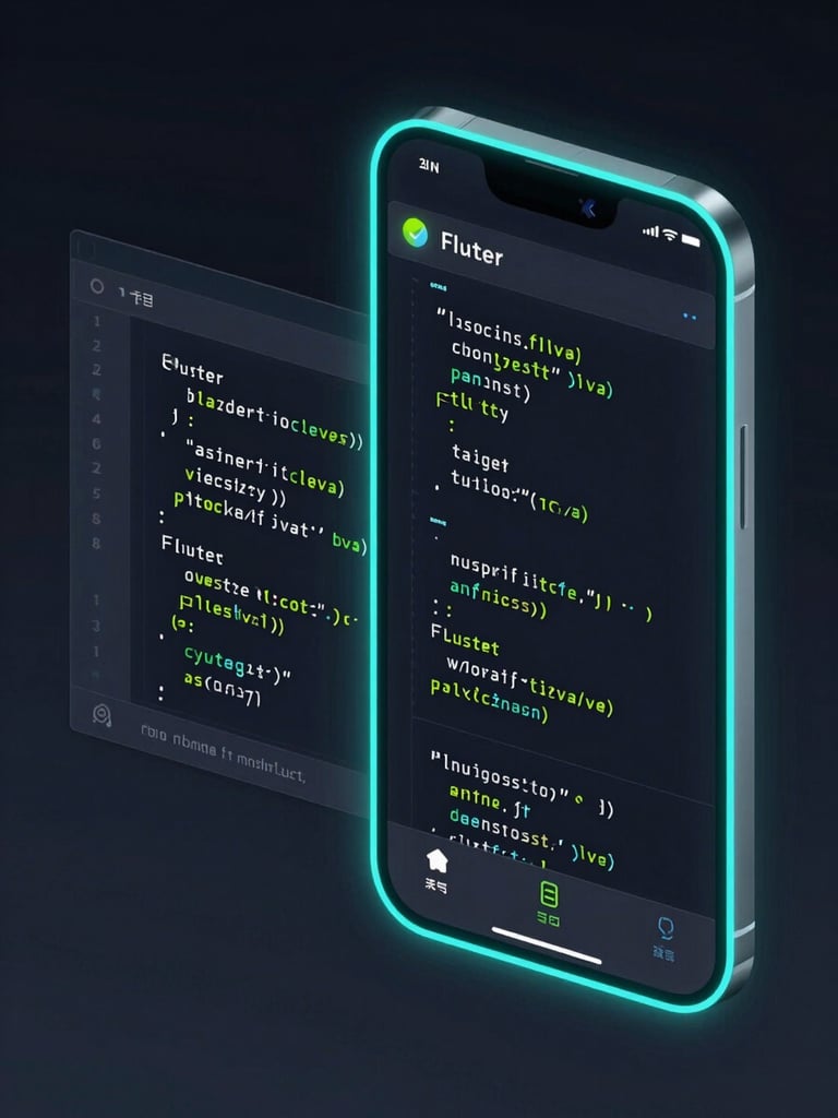 Isometric UI UX mockup of a mobile application interface next to a glowing code editor showing clean Flutter syntax, dark background, cyan and neon green accents.